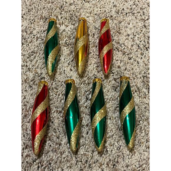 Christmas Glass Tree Ornaments/Balls Glitter  Icicles Teardrops Set of 7 Red Vtg - Picture 1 of 6
